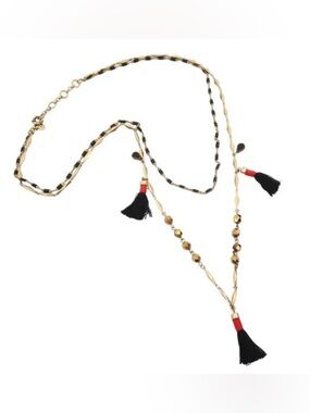 J. Crew Black and Gold Bead Tassel Necklace with Red Accents